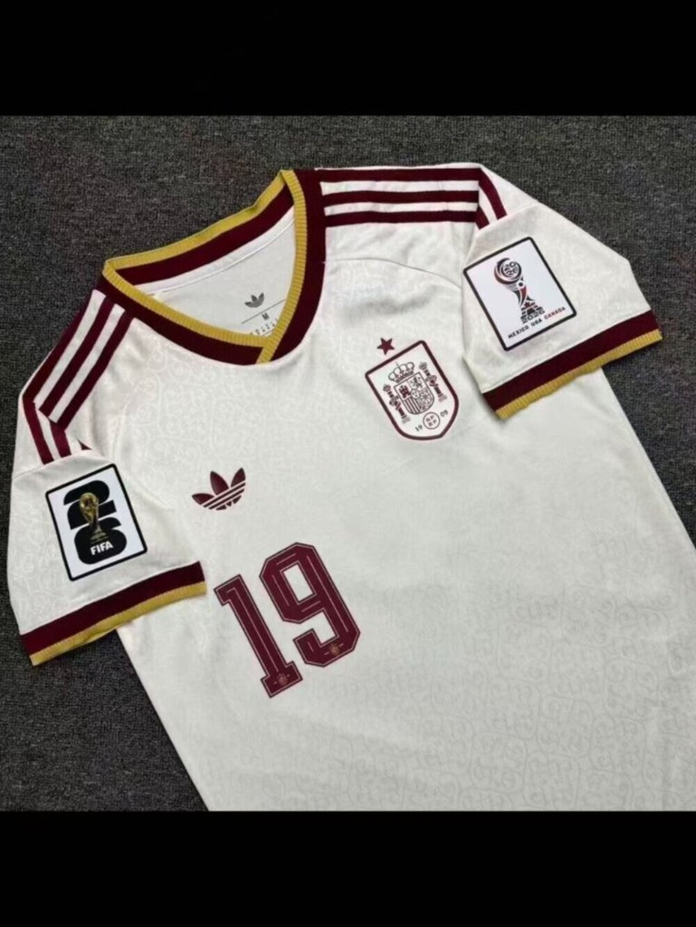 adidas Spain White Burgundy Gold Short Sleeve Soccer Jersey #19